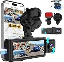 3 Channel 4K Dash Cam Front Rear and Inside with 5G WiFi & APP Control, 4K/2.5K+1080P+1080P Dashcam for Car, Dash Camera with 64GB Card, 24H Parking Monitor, Night Vision, Loop Recording, G-Sensor