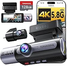 4K+1080P+1080P Dash Cam Front and Rear, 3 Channel Dashcam, Free 128GB Memory Card, Built-in 5.8GHz WiFi Built-in GPS, Collision Sensor, Night Vision, 3.16" IPS, 24H Parking Mode（Black）